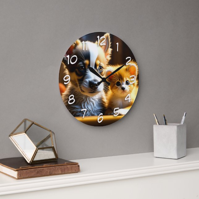 Cute Puppy and Kitten  Large Clock (Office)