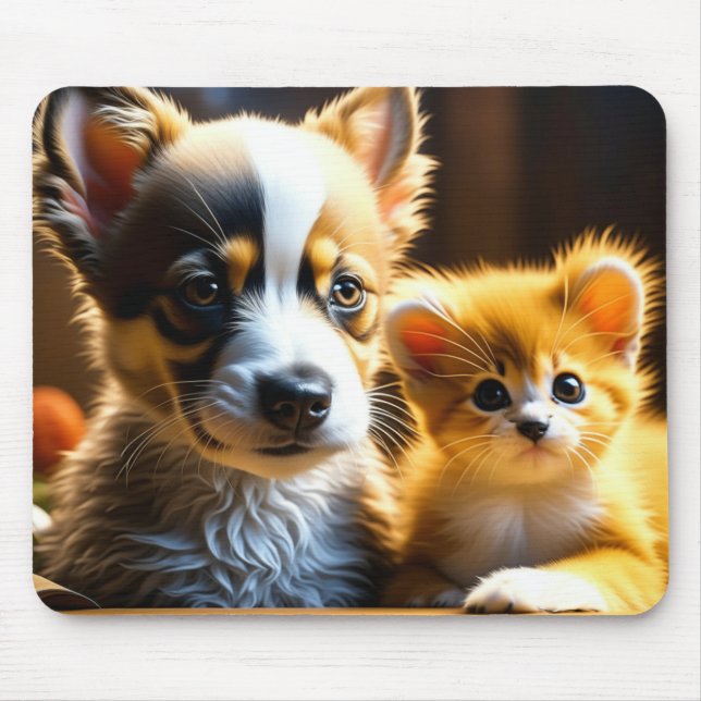 Cute Puppy and Kitten  Mouse Mat (Front)