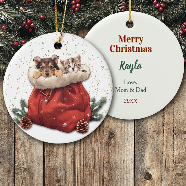Cute Puppy and Kitty Christmas Gift Bag Ceramic Tree Decoration (Creator Uploaded)