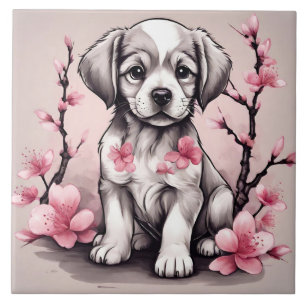 Cute Puppy and Pink Cherry Blossom Flowers  Tile