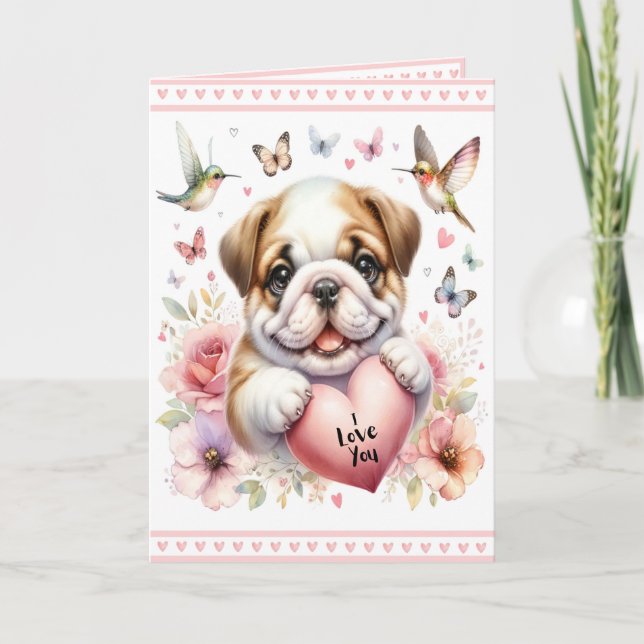 Cute Puppy and Pink Hearts I Love You Valentine's  Card (Front)