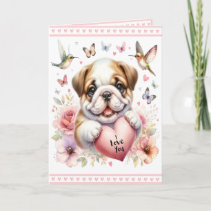 Cute Puppy and Pink Hearts I Love You Valentine's Card