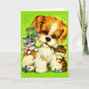 cute puppy and smiling kittens card