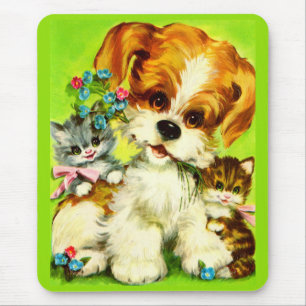 cute puppy and smiling kittens mouse mat