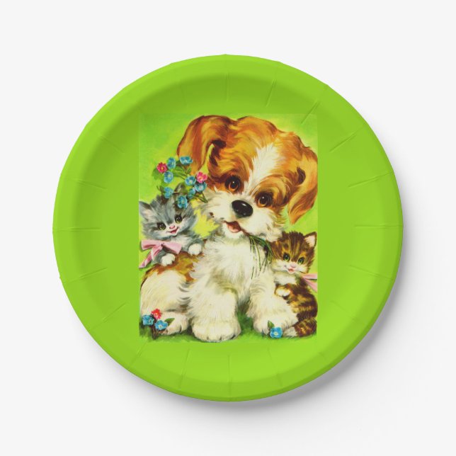 cute puppy and smiling kittens paper plate (Front)