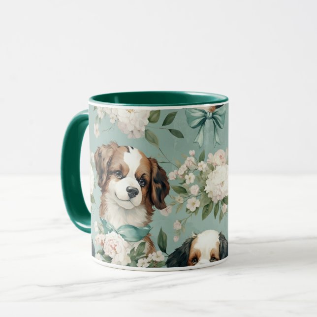 Cute Puppy and White Roses Floral Mug (Front Left)