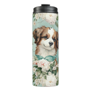 Cute Puppy and White Roses Floral Thermal Tumbler