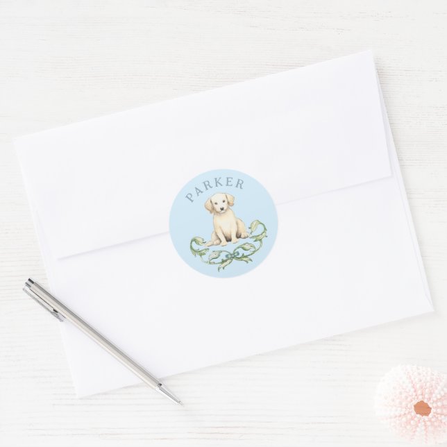 Cute Puppy Baby Boy Classic Round Sticker (Envelope)