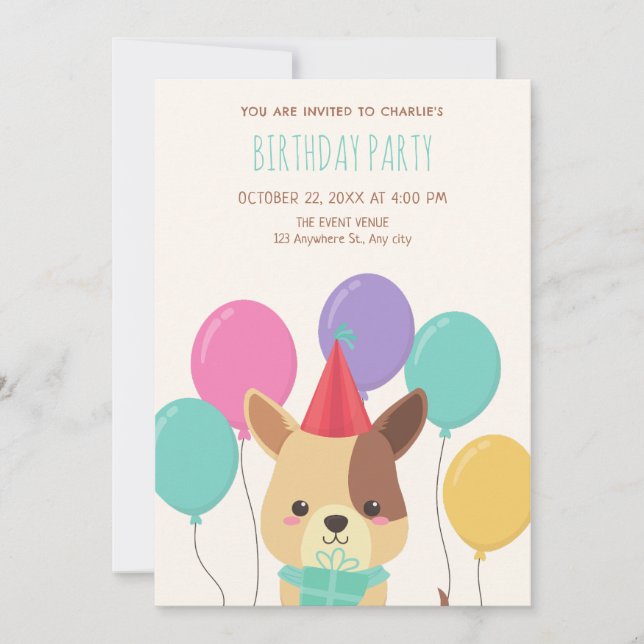 Cute puppy balloons birthday invitation (Front)