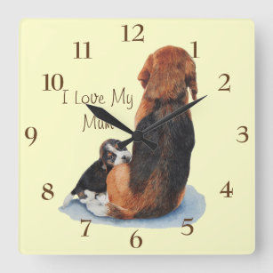 Cute puppy beagle cuddling mom dog realist art square wall clock