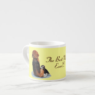 Cute puppy beagle cuddling mum dog espresso cup