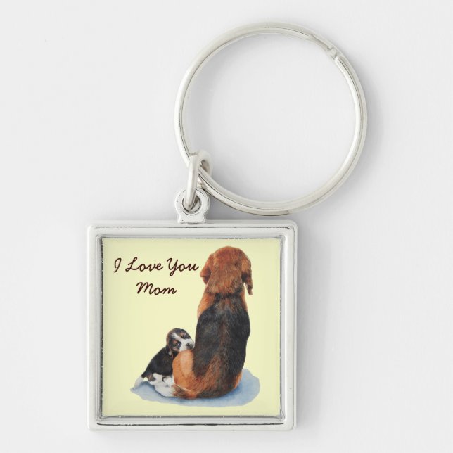 Cute puppy beagle cuddling mum dog key ring (Front)
