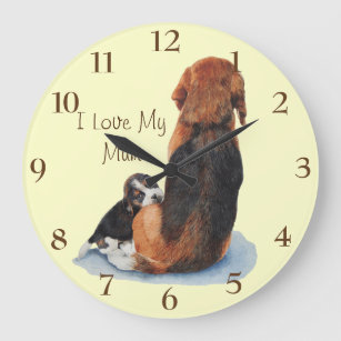 Cute puppy beagle cuddling mum dog realist art large clock