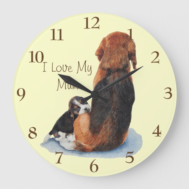 Cute puppy beagle cuddling mum dog realist art large clock (Front)