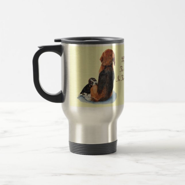 Cute puppy beagle cuddling mum dog travel mug (Left)