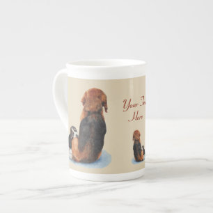 cute puppy beagle cuddling mum dog with slogan bone china mug