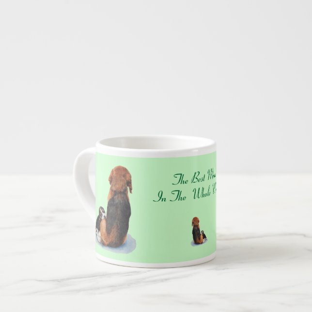 cute puppy beagle cuddling mum dog with slogan espresso cup (Front Left)
