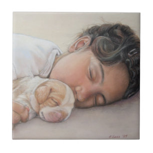 cute puppy beagle cuddling sleeping child and dog tile