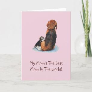 Cute puppy beagle cuddling with verse for mum card