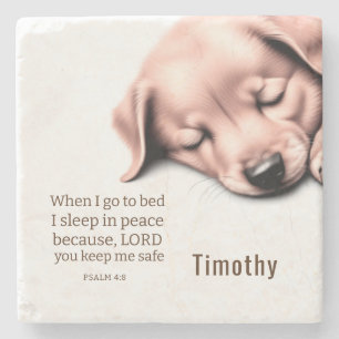 Cute Puppy Bible Psalm 4:8 Stone Coaster