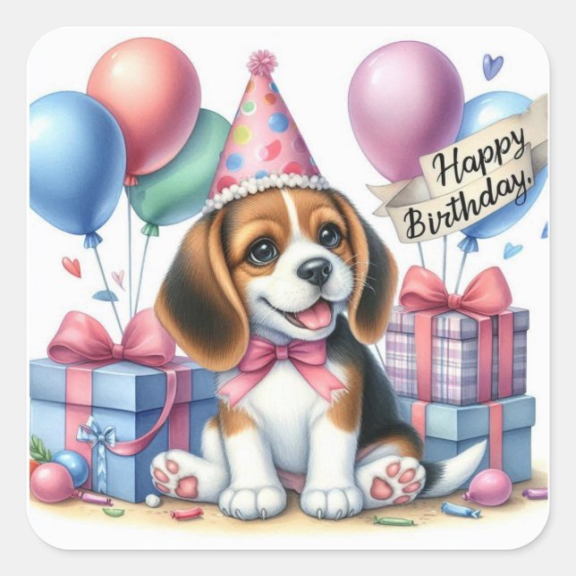 Cute Puppy Birthday Party Illustration – Gift & Ba Square Sticker (Front)
