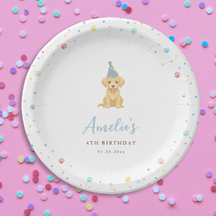 Cute Puppy Birthday Pawty Blue Paper Plate