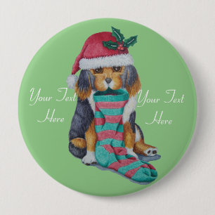cute puppy black and brown with christmas stocking 10 cm round badge