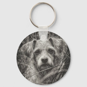 Cute Puppy Black and Whie Portrait Photograph Key Ring