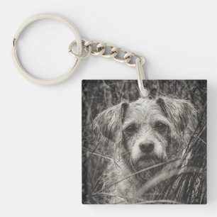 Cute Puppy Black and Whie Portrait Photograph Key Ring