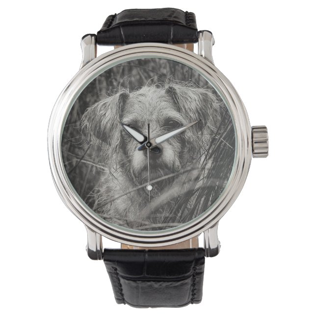 Cute Puppy Black and Whie Portrait Photograph Watch (Front)