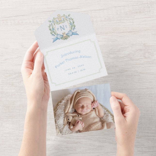 Cute Puppy Blue Crest Monogram Birth Announcement (Tearaway)