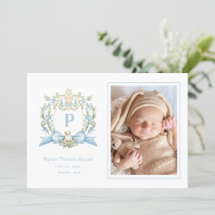 Cute Puppy Blue Ribbon Crest   Baby Boy Announcement
