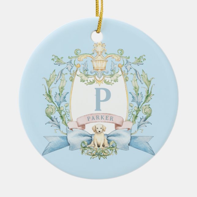 Cute Puppy Blue Ribbon Crest | Baby Boy Ceramic Tree Decoration (Front)
