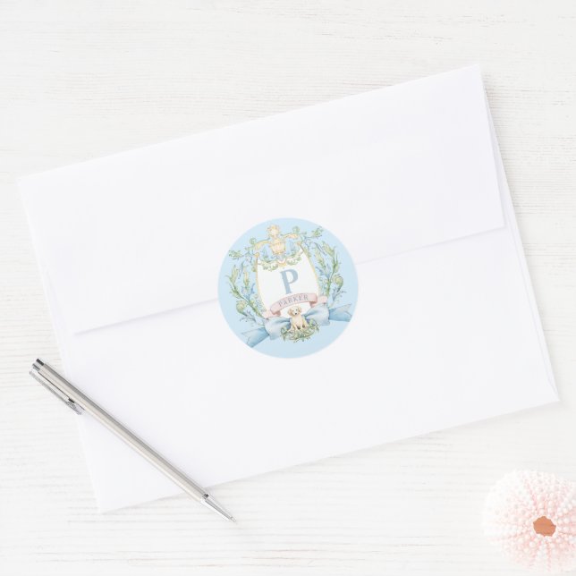 Cute Puppy Blue Ribbon Crest | Baby Boy Classic Round Sticker (Envelope)