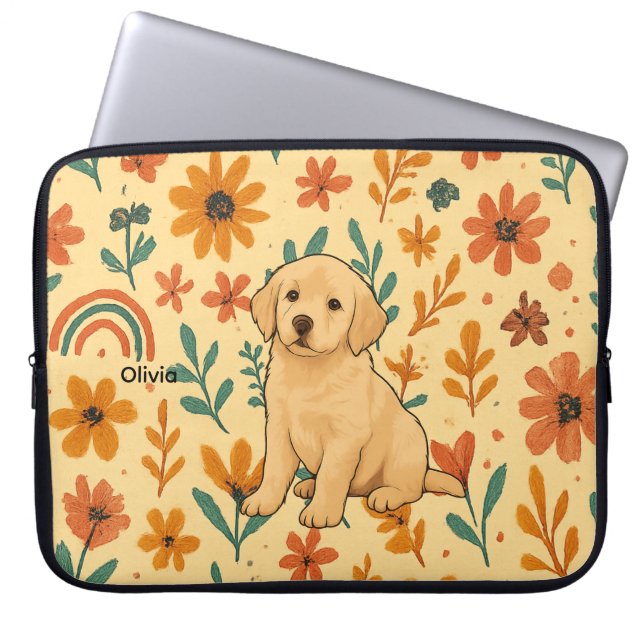 Cute Puppy & Boho Flowers Laptop Sleeve (Front)