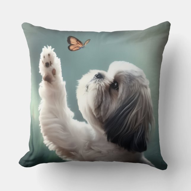 Cute Puppy & Butterfly Decorative Throw Pillow  (Front)