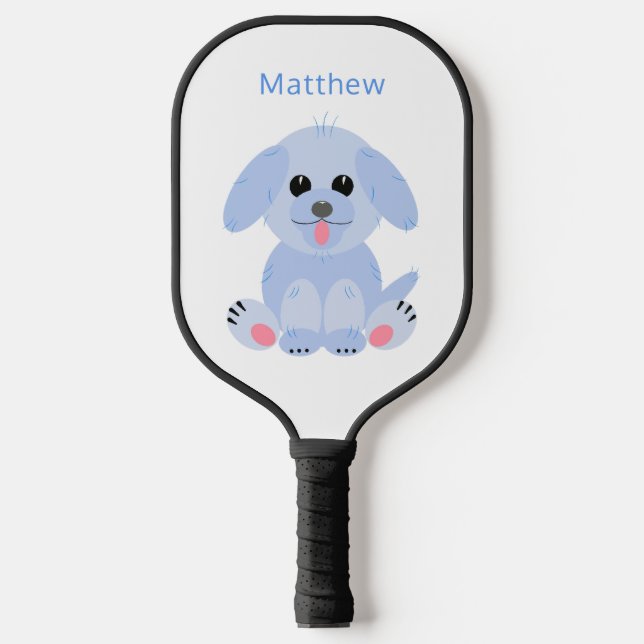Cute Puppy Cartoon Dog Personalised Pastel Blue Pickleball Paddle (Front)