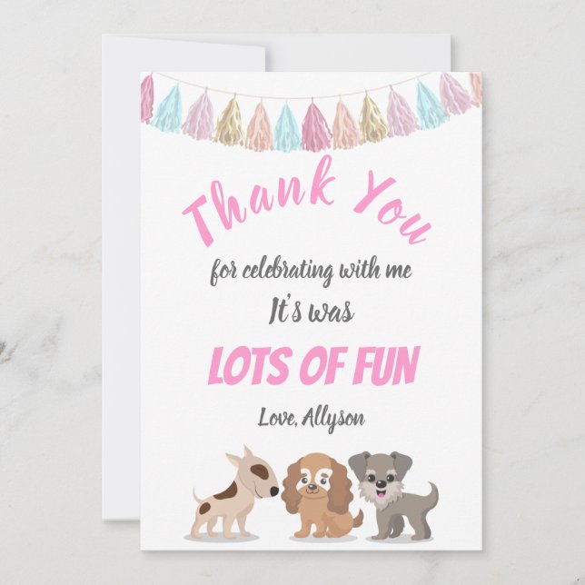 Cute puppy cartoon dog theme kid birthday party thank you card (Front)