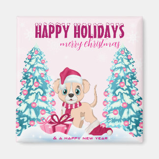 Cute Puppy Cartoon Pink Christmas Holidays Magnet