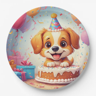 Cute Puppy Celebrating Birthday Party With Cake Paper Plate
