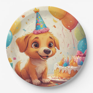 Cute Puppy Celebrating Birthday Party With Cake Paper Plate