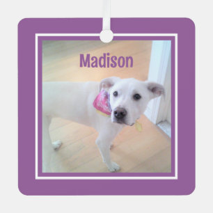Cute Puppy Dog 1 Photo Purple and White Christmas Metal Tree Decoration