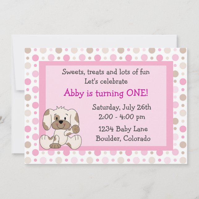 Cute Puppy Dog 1st Birthday Invitation for Girls (Front)