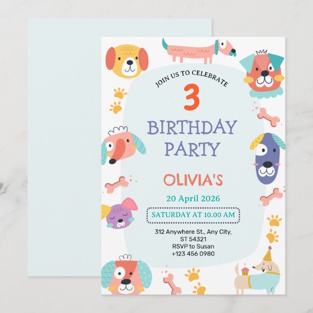 Cute Puppy Dog 3rd Birthday Party Invitation   (Front/Back)