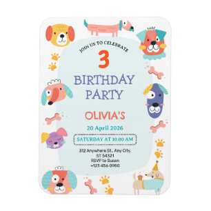 Cute Puppy Dog 3rd Birthday Party Invitation   Magnet