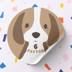 Cute Puppy Dog Age & Name Kid's Birthday Party Classic Round Sticker