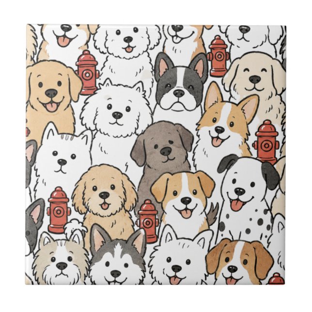 Cute Puppy Dog and Fire Hydrant Ceramic Tile (Front)