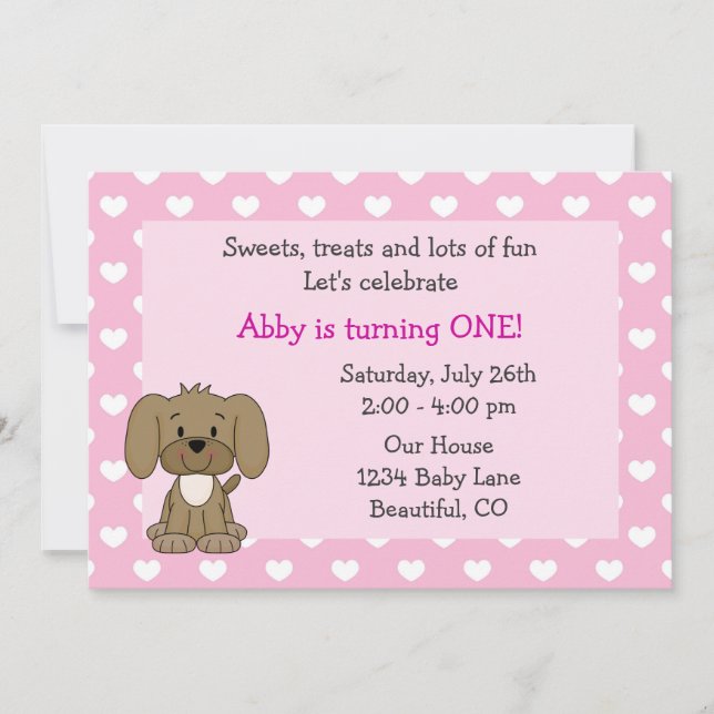 Cute Puppy Dog and Hearts Girls Pink 1st Birthday Invitation (Front)
