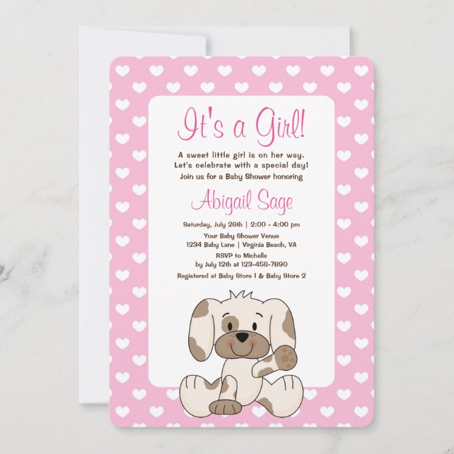 Cute Puppy Dog and Hearts Pink Baby Shower Invitation (Front)