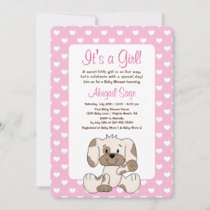 Cute Puppy Dog and Hearts Pink Baby Shower Invitation